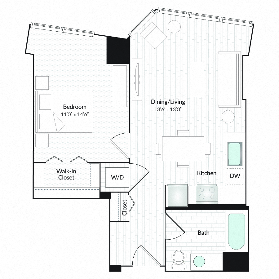 Floor plan for 1 bed, 1 bath, 691 sqft